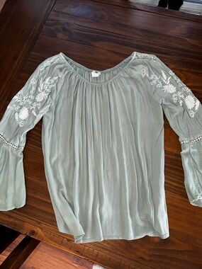 Sweet Magnolia Embroidered Sage Green Peasant Tunic Top